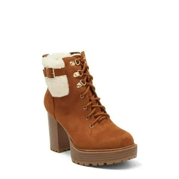 Brown Faux Suede Shearling Cuff Lug Sole Booties 7.5 - Picture 1 of 12